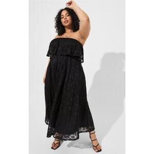 Torrid XL Goth Lace Maxi Dress Black Strapless Ruffle Whimsigoth Boho Witchy S1
